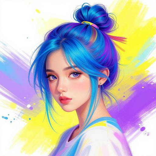 Digital anime-style portrait of a blue-haired woman with a bun, colorful background, and bright yellow and purple splashes. Her large, expressive eyes and