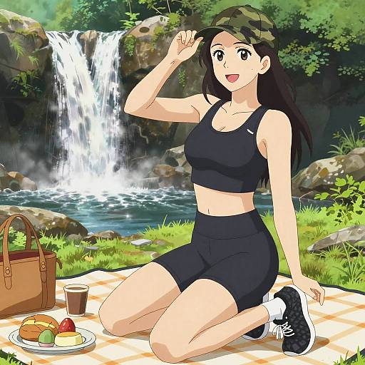 Sporty Chic Woman Picnic by Waterfall