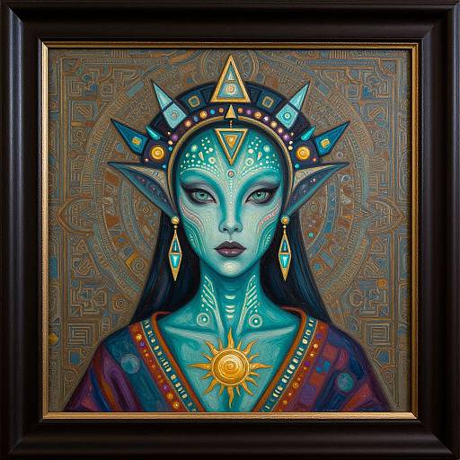 Digital painting of a blue-skinned, elven woman with pointed ears, wearing ornate headgear and jewelry, set in a decorative, patterned