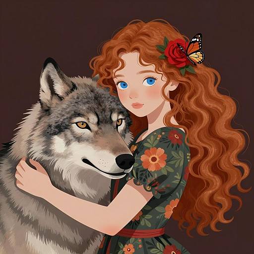 Girl Embracing a Gray Wolf Illustration