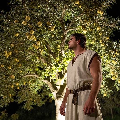 Photograph of a muscular man with short dark hair, wearing a beige tunic with brown belt, standing under a lemon tree at night, illuminated by