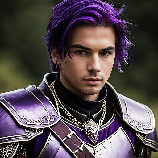 Young man in detailed purple armor with purple hair