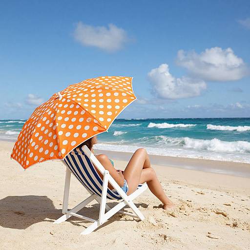 Photograph of a person in navy-striped swim trunks and blue bikini, sitting under an orange polka dot umbrella on a sunny beach, with waves