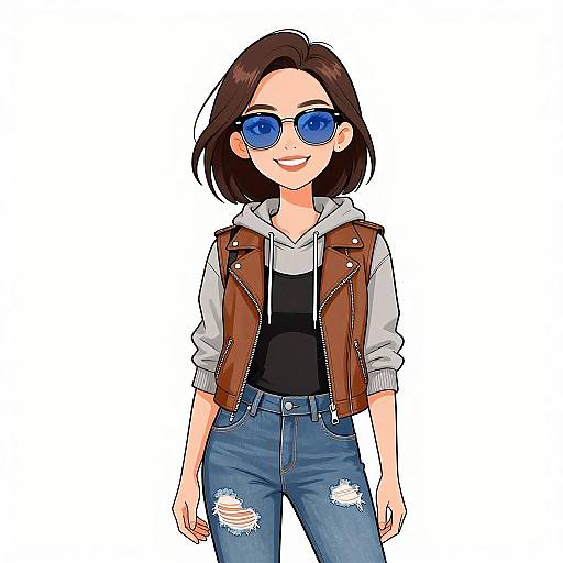 Digital anime-style drawing of a smiling woman with short brown hair, blue eyes, wearing blue sunglasses, brown leather vest, gray hoodie, black top,