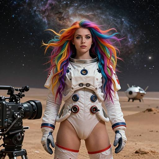 Photograph-style CGI of a woman with vibrant rainbow hair, wearing a white, high-tech, buttoned space suit, standing on a desert-like planet