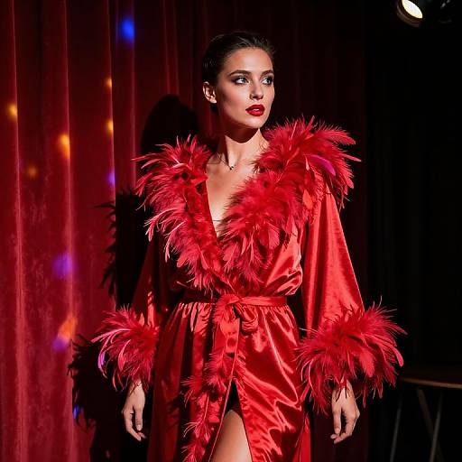 Photograph of a stunning woman with fair skin, dark hair, and red lipstick, wearing a red satin robe with vibrant feather trim, standing against a