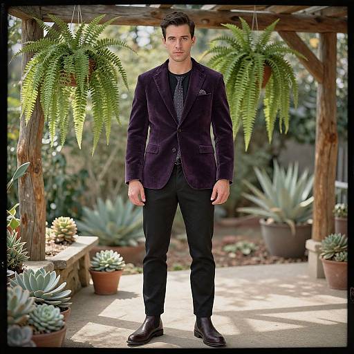 Photograph of a handsome man with short dark hair, wearing a dark purple velvet blazer, black pants, and polished shoes, standing in a sun