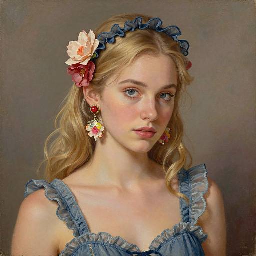 Digital portrait of a young blonde woman with fair skin, blue eyes, wearing a blue ruffled dress, floral headband, and ornate earrings.