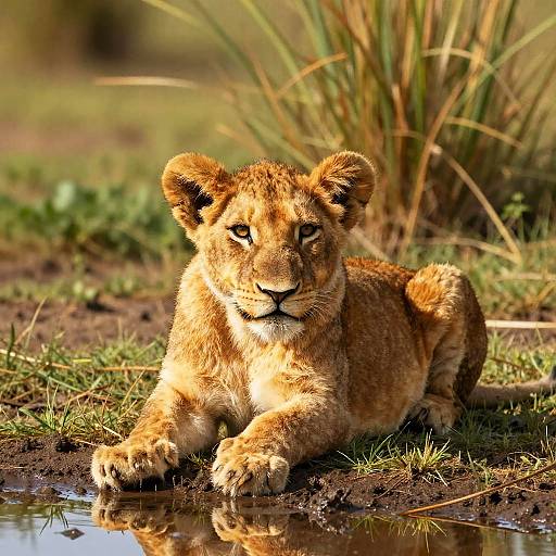 Photograph of a young lion cub with golden fur, lying on grassy ground with a reflective water puddle, surrounded by tall reeds in a