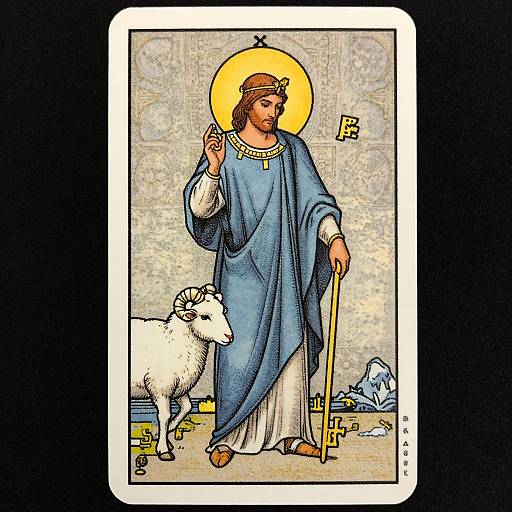 Digital illustration of Jesus in a blue robe, haloed, with a staff, standing beside a white sheep, cross in background.