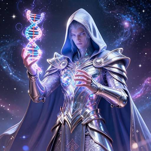 Digital artwork of a silver-haired female wizard in elaborate metallic armor and hood, holding a glowing, DNA-like neon spiral against a starry cosmic background.