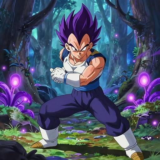 Digital anime-style drawing of Goku, a muscular character with spiky purple hair, white tank top, and dark blue pants, fighting in a glowing,