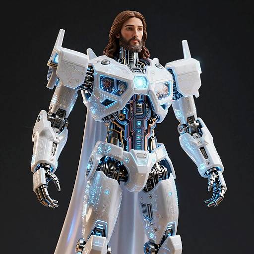 CGI image of a bearded, long-haired man in a futuristic, white, glowing, robotic armor with intricate blue circuitry against a black background