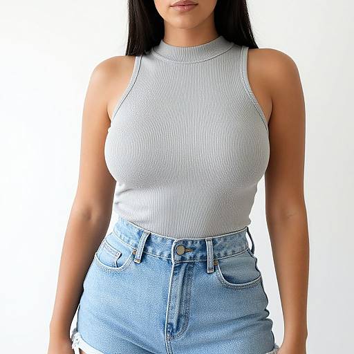 Photograph of a woman with long black hair wearing a light gray ribbed sleeveless top and high-waisted blue denim skirt. White background.