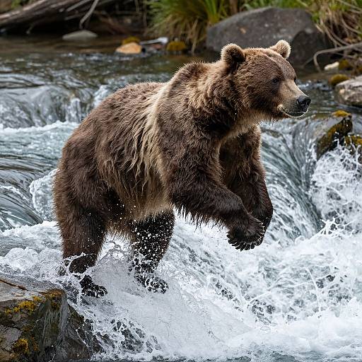 Dynamic Bear Jumping Over River
