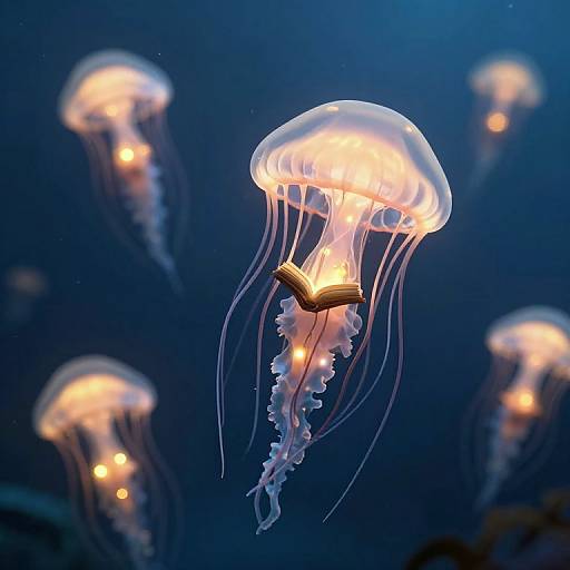 Ethereal Jellyfish With Glowing Books