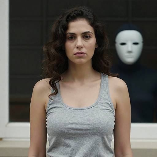 Woman with Masked Figure Behind Window