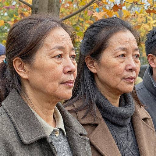 Photograph of two middle-aged East Asian women with long black hair, wearing brown coats and gray sweaters, standing outdoors in autumn with yellow leaves in