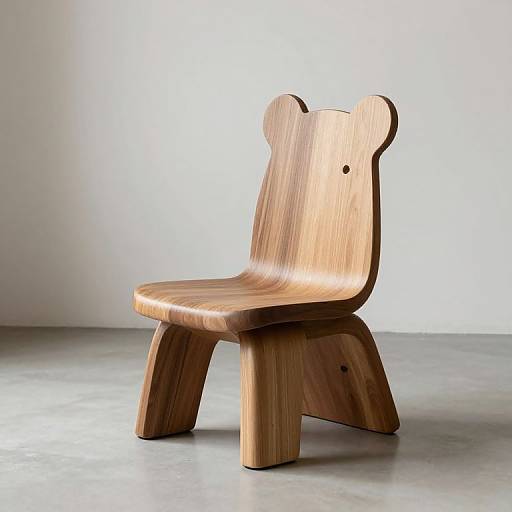 Photograph of a minimalist, wooden bear-shaped chair with smooth curves, light brown finish, three sturdy legs, small circular cutout, set against a
