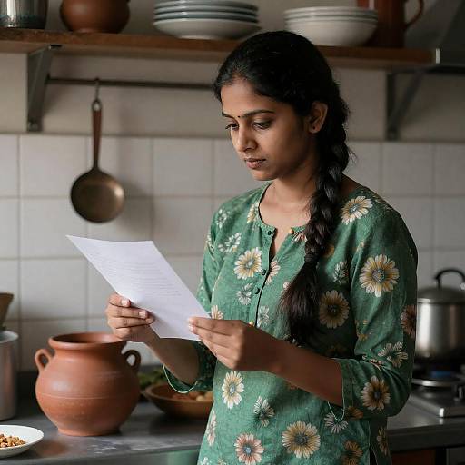Focused Indian Woman in Cluttered Kitchen