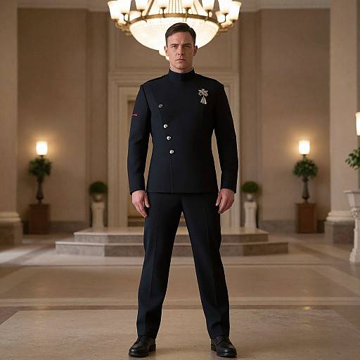 Photograph of a serious young man in a black military-style uniform standing in a grand, dimly-lit room with a large chandelier and p