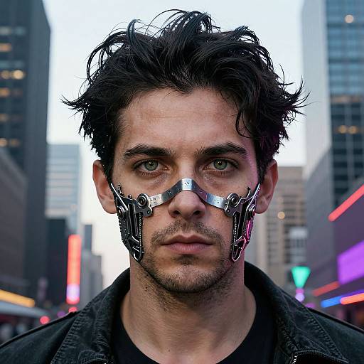 Photograph of a man with messy dark hair, green eyes, and a metallic face mask with wing-like extensions, standing in a city street with tall