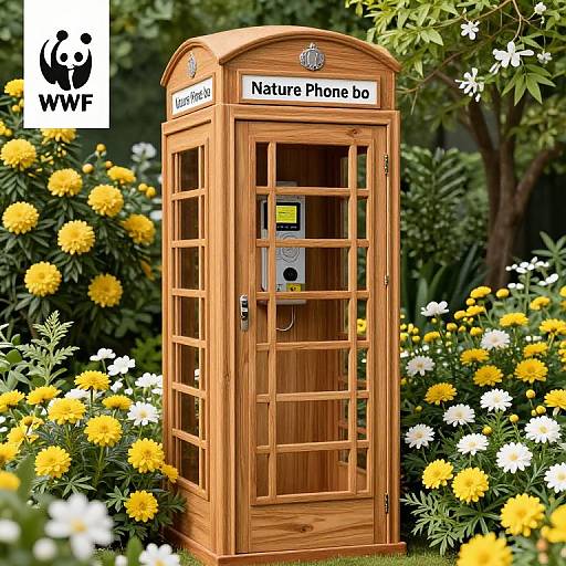 Wooden Phone Booth Amidst Vibrant Flowers