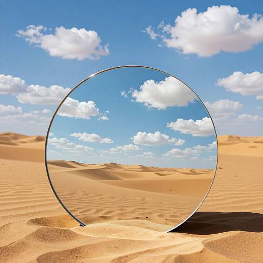 Photograph of a clear, circular mirror on golden sand dunes, reflecting a bright blue sky with fluffy white clouds.