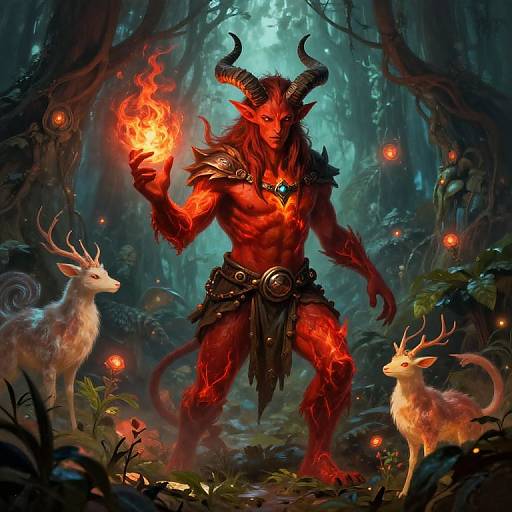 Digital fantasy artwork of a muscular, red-skinned demon with horns, holding a glowing fireball, standing in a mystical forest with two glowing, ant
