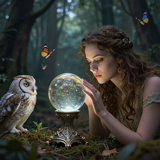 Photograph-style digital art: Curly-haired woman gazes at glowing snow globe, owl beside her, surrounded by forest, butterflies fluttering.