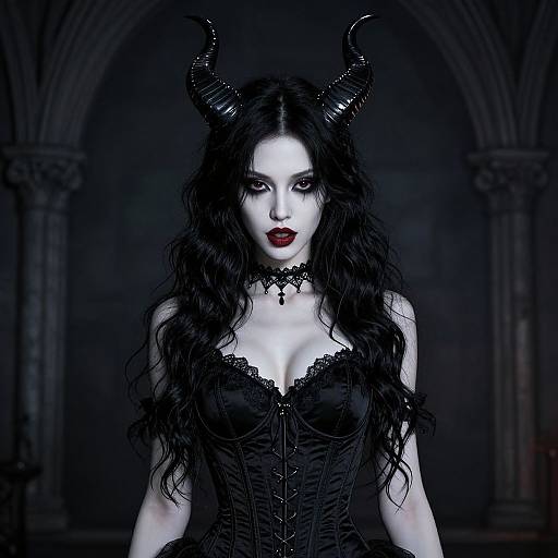 Digital artwork of a pale, dark-haired woman with black horns, red lipstick, and lace corset in a gothic, arched background.