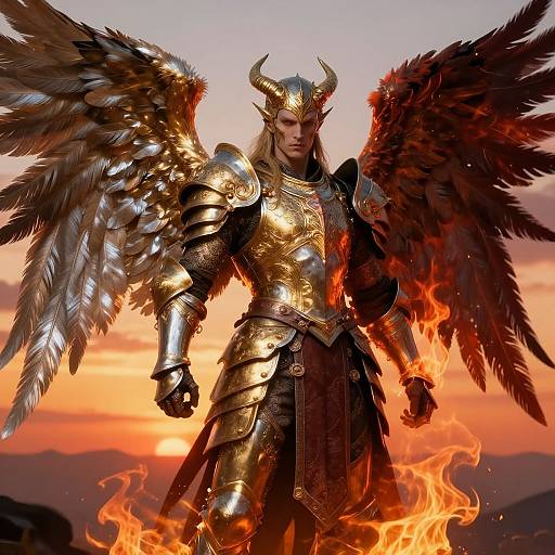 Digital artwork of a muscular, armored angel with golden wings and horns, standing amidst fiery flames at sunset.