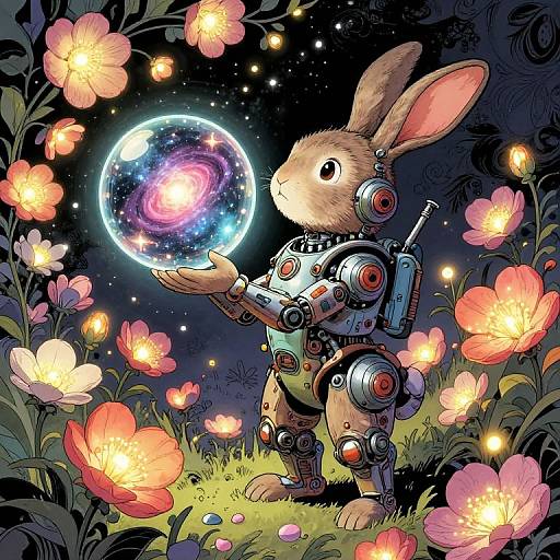 Digital illustration of a robotic rabbit holding a glowing galaxy sphere, surrounded by vibrant flowers under a starry night sky.
