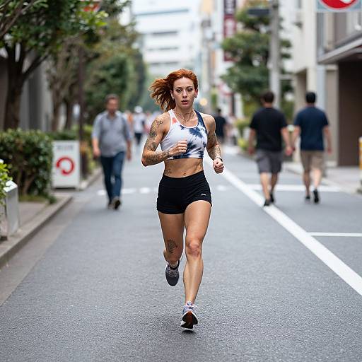 Photograph of a red-haired woman with tattoos, jogging in a city street, wearing a white and black sports bra and black shorts, with blurred pedestrians
