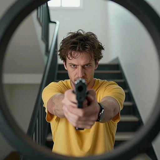 Intense Man with Gun in Dimly Lit Setting