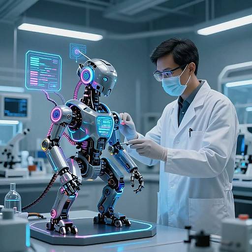 Photograph of a scientist in a white lab coat, mask, and gloves, repairing a glowing, futuristic robotic humanoid in a high-tech laboratory.