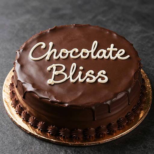 Photograph of a round, chocolate-frosted cake with 