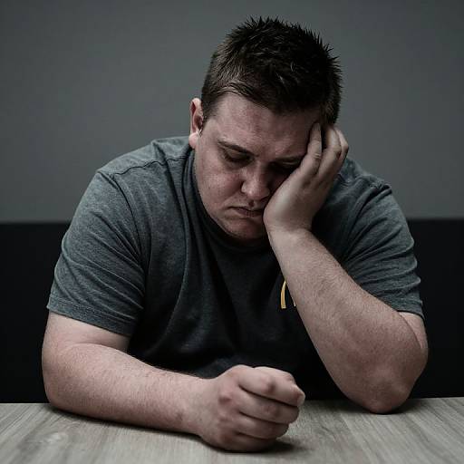 Photograph of a sad, overweight man with short dark hair, wearing a gray t-shirt, resting his head on his hand at a wooden table.