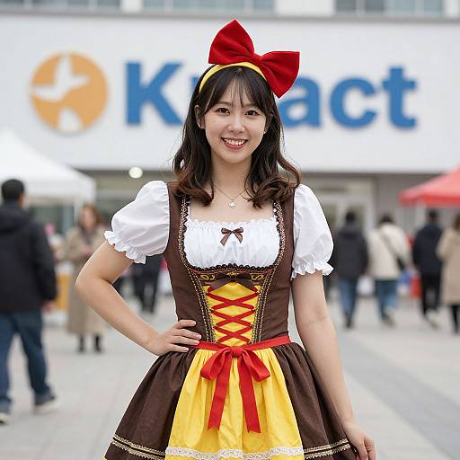 Photograph of an Asian woman with long black hair, wearing a brown and yellow Bavarian-style dress with red ribbons, white puffed sleeves,
