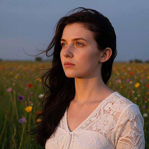 Photograph of a fair-skinned woman with long black hair, wearing a white lace top, gazing into a colorful field at sunset.