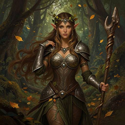Digital fantasy art of an elven woman with long brown hair, wearing ornate metallic armor and crown, holding a staff, in a forest with falling