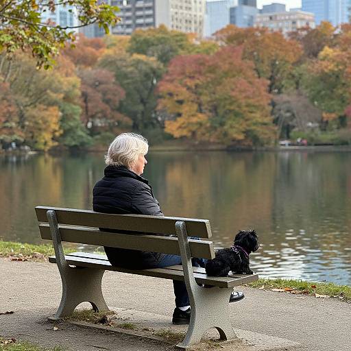 Photograph of an elderly woman with white hair, wearing a black coat, sitting on a bench by a lake, with a black dog beside her,