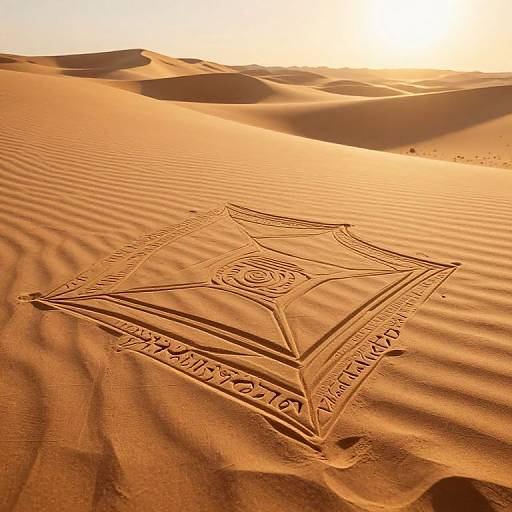 Sunlit desert with intricate, symmetrical geometric patterns etched into golden sand dunes, casting rippled shadows under the bright, setting sun.
