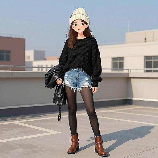 Digital anime-style drawing of a young woman in a white beanie, black sweater, frayed denim shorts, black tights, and brown boots,