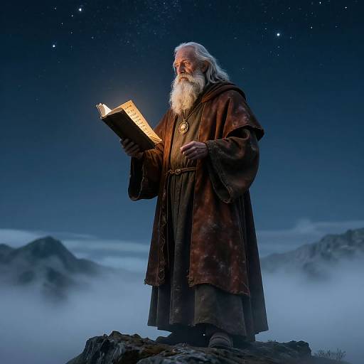 Photograph-style digital art of an elderly, white-bearded wizard in a brown robe, holding a glowing book, standing on a rocky peak under a