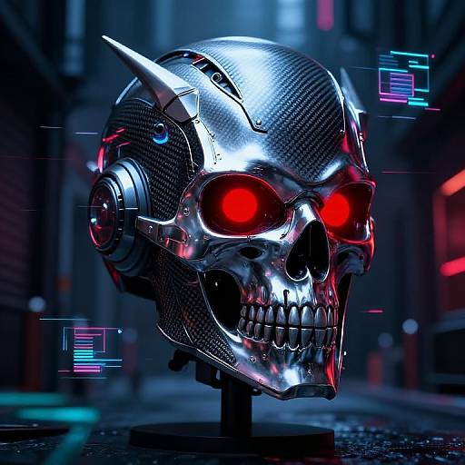 Digital CGI of a futuristic, metallic skull helmet with glowing red eyes, set in a neon-lit, cyberpunk alley.