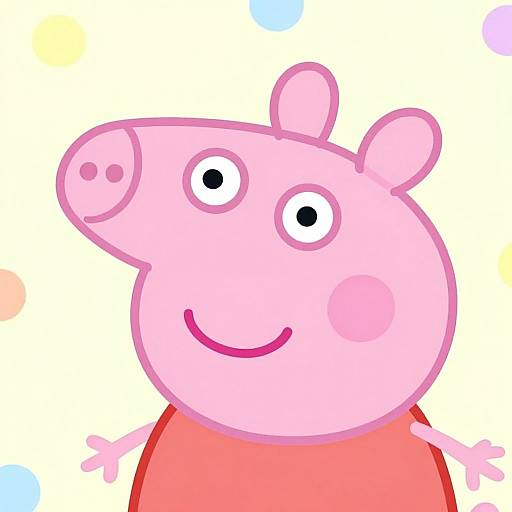 Cartoon pink pig with round eyes, smiling mouth, and blush dots on cheeks, wearing a red shirt, against a colorful polka-dot background.