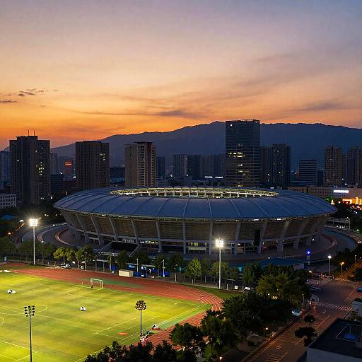 Sunset Cityscape with Modern Stadium
