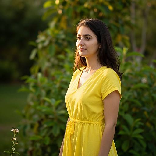 Photograph of a young South Asian woman with long black hair, wearing a bright yellow dress, standing outdoors against a green, leafy background. Sun
