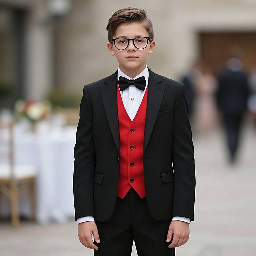 Photograph of a young boy with short brown hair, black-rimmed glasses, wearing a black tuxedo with a red vest and bowtie